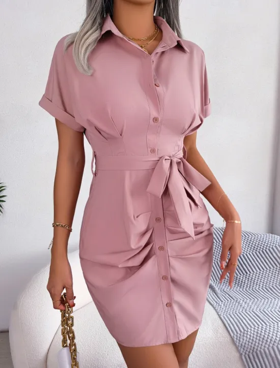 New Women's Mini Dress Shirt Dress Casual Dress Summer Dress Stylish Casual Vacation Daily Date Regular Fit Plain Short Sleeve Lapel Pink Red Blue Summer Spring Women Work Dresses