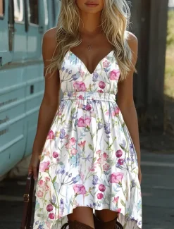 Online Women's Mini Dress Slip Dress Vacation Casual Boho Going out Beach Standard Fit Floral Graphic Sleeveless V Neck Yellow Pink Blue Khaki Summer Spring Women Vacation Dresses