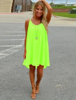 Online Women's Mini Dress Strap Dress Casual Regular Fit Pure Color Sleeveless fluorescent green Black White Orange Summer Spring Women Sundresses
