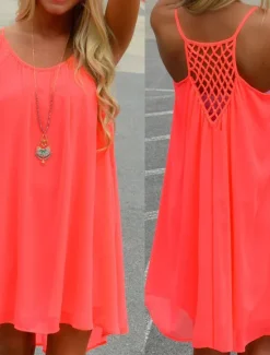 Online Women's Mini Dress Strap Dress Casual Regular Fit Pure Color Sleeveless fluorescent green Black White Orange Summer Spring Women Sundresses