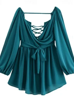 Outlet Women's Mini Dress Summer Dress Fashion Modern Outdoor Vacation Going out Regular Fit Plain Long Sleeve V Neck Black White Blue Dark Green Summer Women Sundresses