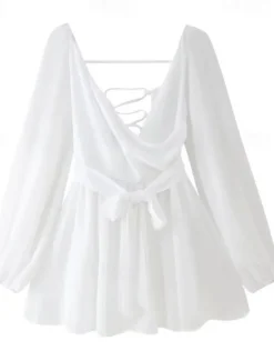 Outlet Women's Mini Dress Summer Dress Fashion Modern Outdoor Vacation Going out Regular Fit Plain Long Sleeve V Neck Black White Blue Dark Green Summer Women Sundresses