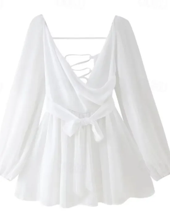Outlet Women's Mini Dress Summer Dress Fashion Modern Outdoor Vacation Going out Regular Fit Plain Long Sleeve V Neck Black White Blue Dark Green Summer Women Sundresses