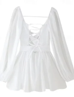 Outlet Women's Mini Dress Summer Dress Fashion Modern Outdoor Vacation Going out Regular Fit Plain Long Sleeve V Neck Black White Blue Dark Green Summer Women Sundresses