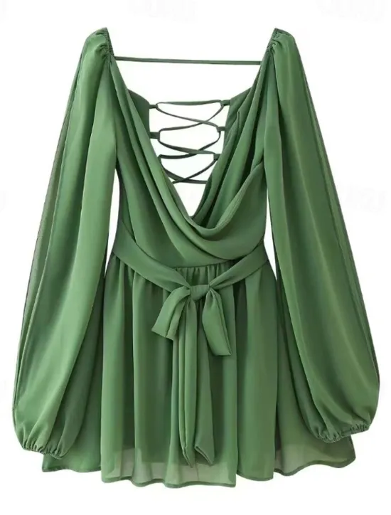 Outlet Women's Mini Dress Summer Dress Fashion Modern Outdoor Vacation Going out Regular Fit Plain Long Sleeve V Neck Black White Blue Dark Green Summer Women Sundresses