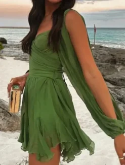 Outlet Women's Mini Dress Summer Dress Fashion Modern Outdoor Vacation Going out Regular Fit Plain Long Sleeve V Neck Black White Blue Dark Green Summer Women Sundresses
