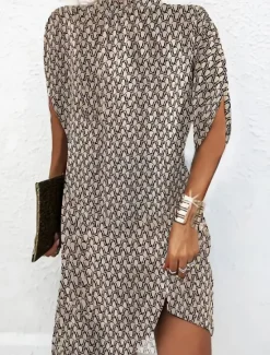 Outlet Women's Mini Dress Summer Dress Work Dresses Casual Semi Formal Daily Holiday Regular Fit Graphic Geometric Short Sleeve High Neck Black Pink Brown Summer Women Casual Dress|Work Dresses