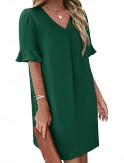 New Women's Mini Dress Summer Dress Casual Daily Regular Fit Plain Short Sleeve V Neck Black Blue Fuchsia Green Summer Women Casual Dress