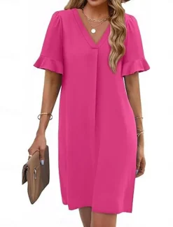 New Women's Mini Dress Summer Dress Casual Daily Regular Fit Plain Short Sleeve V Neck Black Blue Fuchsia Green Summer Women Casual Dress