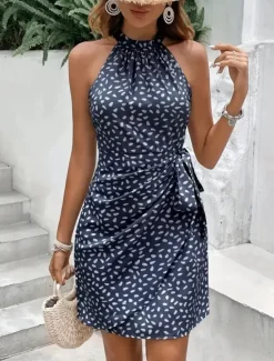 Best Women's Mini Dress Summer Dress Halter Dress Casual Daily Regular Fit Graphic Polka Dot Sleeveless Halter Neck Light Green Pink Navy Blue Khaki Summer Women Sundresses|Vacation Dresses