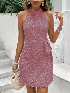 Best Women's Mini Dress Summer Dress Halter Dress Casual Daily Regular Fit Graphic Polka Dot Sleeveless Halter Neck Light Green Pink Navy Blue Khaki Summer Women Sundresses|Vacation Dresses