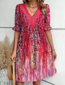 Online Women's Mini Dress Summer Dress Casual Daily Regular Fit Floral Striped Half Sleeve V Neck Red Light Brown Blue Green Summer Spring Women Casual Dress|Vacation Dresses
