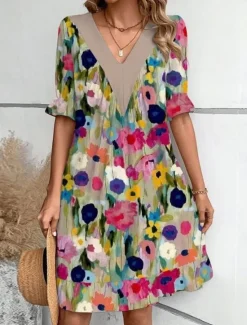 Online Women's Mini Dress Summer Dress Casual Daily Regular Fit Floral Striped Half Sleeve V Neck Red Light Brown Blue Green Summer Spring Women Casual Dress|Vacation Dresses