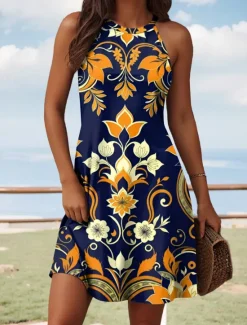 New Women's Mini Dress Summer Dress Vacation Casual Daily Regular Fit Floral Graphic Sleeveless Halter Neck Yellow Red Blue Summer Women Sundresses