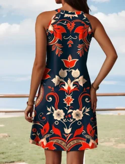 New Women's Mini Dress Summer Dress Vacation Casual Daily Regular Fit Floral Graphic Sleeveless Halter Neck Yellow Red Blue Summer Women Sundresses
