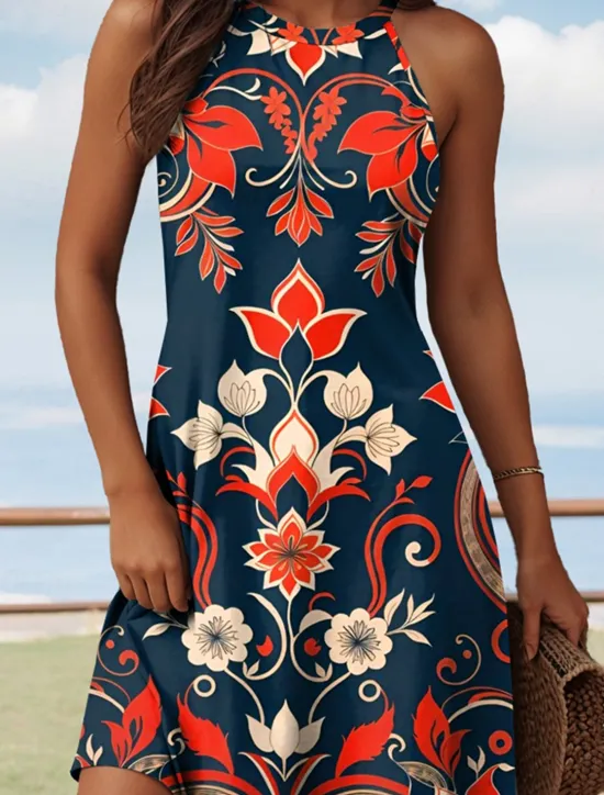 New Women's Mini Dress Summer Dress Vacation Casual Daily Regular Fit Floral Graphic Sleeveless Halter Neck Yellow Red Blue Summer Women Sundresses