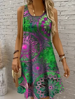 Women's Mini Dress Sundress A Line Dress Summer Dress Vacation Casual Boho Party Holiday Date Regular Fit Graphic Geometric Boho Paisley Damask Sleeveless U Neck Scoop Neck Red Blue Purple Green Women Vacation Dresses