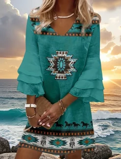 Online Women's Mini Dress Sundress A Line Dress Vacation Casual Boho Going out Beach Regular Fit Graphic Tribal 3/4 Length Sleeve V Neck Summer Spring Women Vacation Dresses