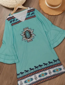 Online Women's Mini Dress Sundress A Line Dress Vacation Casual Boho Going out Beach Regular Fit Graphic Tribal 3/4 Length Sleeve V Neck Summer Spring Women Vacation Dresses