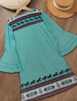 Online Women's Mini Dress Sundress A Line Dress Vacation Casual Boho Going out Beach Regular Fit Graphic Tribal 3/4 Length Sleeve V Neck Summer Spring Women Vacation Dresses