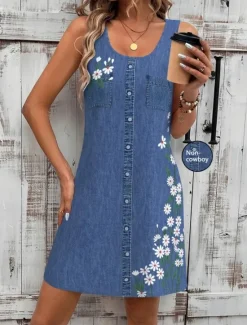 Clearance Women's Mini Dress Sundress A Line Dress Summer Dress Vacation Casual Daily Regular Fit Floral Graphic Sleeveless U Neck Navy Blue Blue Summer Women T Shirt Dresses