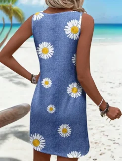 Hot Women's Mini Dress Sundress A Line Dress Summer Dress Vacation Casual Daily Regular Fit Floral Graphic Sleeveless U Neck Blue Orange Summer Women Sundresses