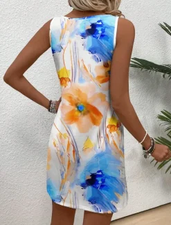 Hot Women's Mini Dress Sundress A Line Dress Summer Dress Vacation Casual Daily Regular Fit Floral Graphic Sleeveless U Neck Blue Orange Summer Women Sundresses