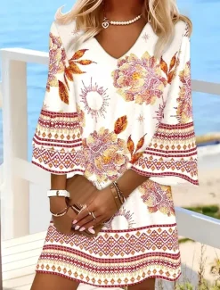 Best Women's Mini Dress Sundress A Line Dress Vacation Casual Boho Beach Regular Fit Floral Graphic 3/4 Length Sleeve V Neck Summer Spring Women Vacation Dresses