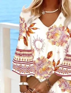 Best Women's Mini Dress Sundress A Line Dress Vacation Casual Boho Beach Regular Fit Floral Graphic 3/4 Length Sleeve V Neck Summer Spring Women Vacation Dresses