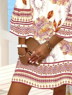 Best Women's Mini Dress Sundress A Line Dress Vacation Casual Boho Beach Regular Fit Floral Graphic 3/4 Length Sleeve V Neck Summer Spring Women Vacation Dresses