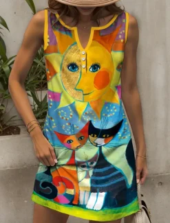 Outlet Women's Mini Dress Sundress Shift Dress Off The Shoulder Dress Vacation Casual Outdoor Going out Regular Fit Graphic Animal Cat Sleeveless V Neck Yellow Red Blue Purple Summer Spring Women Sundresses