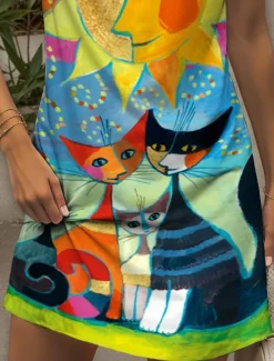 Outlet Women's Mini Dress Sundress Shift Dress Off The Shoulder Dress Vacation Casual Outdoor Going out Regular Fit Graphic Animal Cat Sleeveless V Neck Yellow Red Blue Purple Summer Spring Women Sundresses