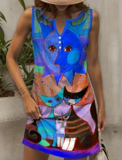 Outlet Women's Mini Dress Sundress Shift Dress Off The Shoulder Dress Vacation Casual Outdoor Going out Regular Fit Graphic Animal Cat Sleeveless V Neck Yellow Red Blue Purple Summer Spring Women Sundresses