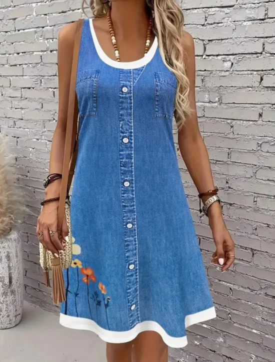 Discount Women's Mini Dress Sundress A Line Dress Summer Dress Vacation Casual Daily Regular Fit Floral Graphic Sleeveless U Neck Blue Dark Blue Summer Women Sundresses