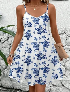 Online Women's Mini Dress Sundress Summer Dress Vacation Casual Daily Holiday Beach Regular Fit Floral Graphic Sleeveless V Neck Summer Women Sundresses