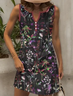 Discount Women's Mini Dress Sundress Shift Dress Off The Shoulder Dress Vacation Casual Going out Regular Fit Floral Graphic Sleeveless V Neck Red Blue Purple Green Summer Spring Women Vacation Dresses|Sundresses