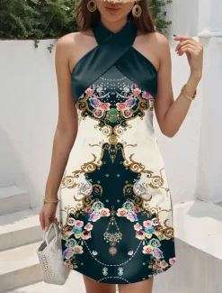 Outlet Women's Mini Dress Sundress A Line Dress Halter Dress Vacation Casual Going out Regular Fit Floral Graphic Paisley Sleeveless Halter Neck Black Blue Green Peacock Blue Summer Women Vacation Dresses|Casual Dress