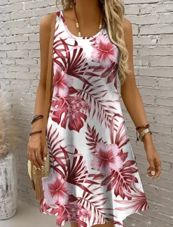 Women's Mini Dress Sundress A Line Dress Summer Dress Vacation Casual Wedding Home Party Regular Fit Floral Graphic Leaf Sleeveless U Neck Yellow Red Blue Purple Summer Spring Women Sundresses
