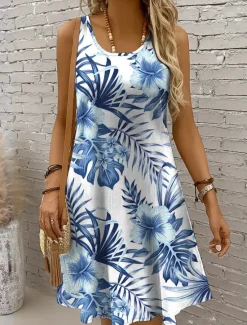 Women's Mini Dress Sundress A Line Dress Summer Dress Vacation Casual Wedding Home Party Regular Fit Floral Graphic Leaf Sleeveless U Neck Yellow Red Blue Purple Summer Spring Women Sundresses