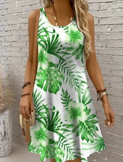 Women's Mini Dress Sundress A Line Dress Summer Dress Vacation Casual Wedding Home Party Regular Fit Floral Graphic Leaf Sleeveless U Neck Yellow Red Blue Purple Summer Spring Women Sundresses