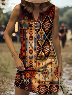 Discount Women's Mini Dress Sundress A Line Dress Summer Dress Off The Shoulder Dress Casual Holiday Beach Regular Fit Graphic Tribal Sleeveless V Neck Yellow Red Blue Purple Summer Spring Women Sundresses