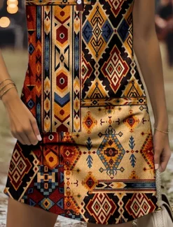 Discount Women's Mini Dress Sundress A Line Dress Summer Dress Off The Shoulder Dress Casual Holiday Beach Regular Fit Graphic Tribal Sleeveless V Neck Yellow Red Blue Purple Summer Spring Women Sundresses