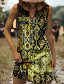 Discount Women's Mini Dress Sundress A Line Dress Summer Dress Off The Shoulder Dress Casual Holiday Beach Regular Fit Graphic Tribal Sleeveless V Neck Yellow Red Blue Purple Summer Spring Women Sundresses