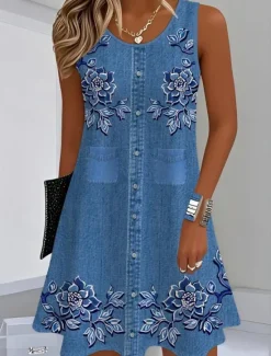 Outlet Women's Mini Dress Sundress A Line Dress Summer Dress Vacation Casual Daily Regular Fit Graphic Plain Sleeveless U Neck Blue Dark Blue Summer Women Sundresses