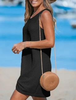 Sale Women's Mini Dress Sundress Summer Dress Casual Daily Beach Regular Fit Solid Color Sleeveless Crew Neck ArmyGreen Black Blue Beige Summer Women Sundresses