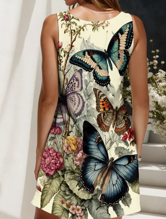 Sale Women's Mini Dress Sundress A Line Dress Off The Shoulder Dress Vacation Casual Holiday Beach Regular Fit Floral Graphic Butterfly Sleeveless Crew Neck Light Yellow Blue Purple Green Summer Spring Women Sundresses