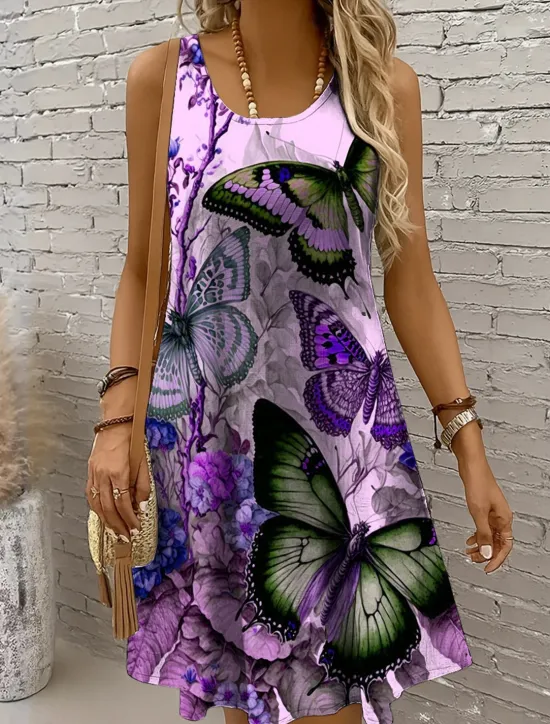 Sale Women's Mini Dress Sundress A Line Dress Off The Shoulder Dress Vacation Casual Holiday Beach Regular Fit Floral Graphic Butterfly Sleeveless Crew Neck Light Yellow Blue Purple Green Summer Spring Women Sundresses