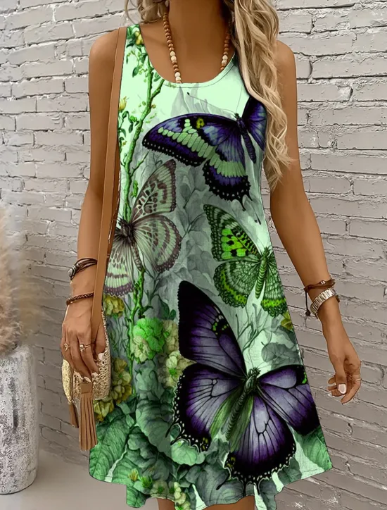 Sale Women's Mini Dress Sundress A Line Dress Off The Shoulder Dress Vacation Casual Holiday Beach Regular Fit Floral Graphic Butterfly Sleeveless Crew Neck Light Yellow Blue Purple Green Summer Spring Women Sundresses
