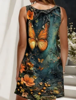 Women's Mini Dress Sundress A Line Dress Off The Shoulder Dress Vacation Casual Daily Holiday Beach Regular Fit Floral Graphic Butterfly Sleeveless Crew Neck Summer Women Sundresses