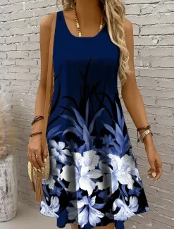 Online Women's Mini Dress Sundress A Line Dress Summer Dress Vacation Casual Regular Fit Ombre Floral Graphic Sleeveless U Neck Scoop Neck Black And White Dark Brown Red Blue Summer Spring Women Sundresses